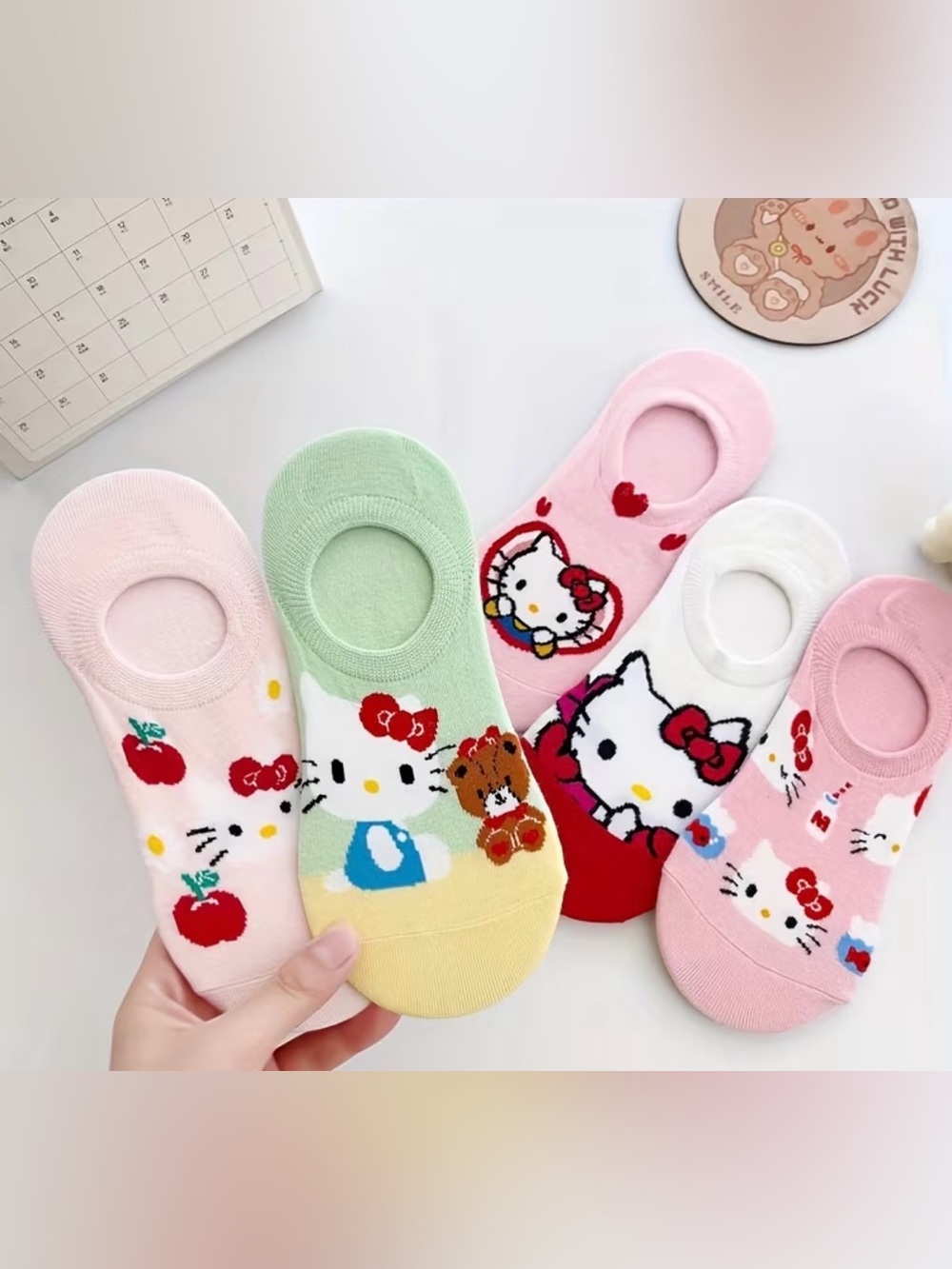 Hello Kitty Pastel No-Show Socks in Pink, Green, White, Yellow, Red